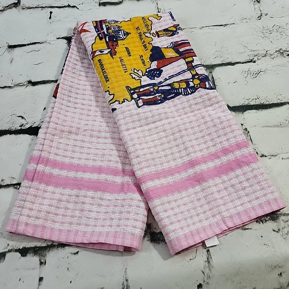 Vintage Tea Towel MALTA The Maltese Islands Travel Souvenir Pink 100%‎ Cotton